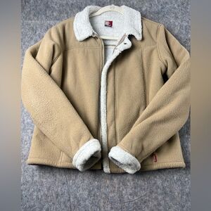 Roxy Fleece Jacket Women's Large Tan White 100% Polyester Long Sleeve Full Zip
